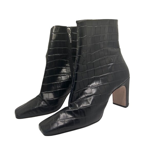 Schutz Black Croc-Embossed Leather Ankle Boots With Square Toe & Side Zipper 8.5 - Picture 1 of 9